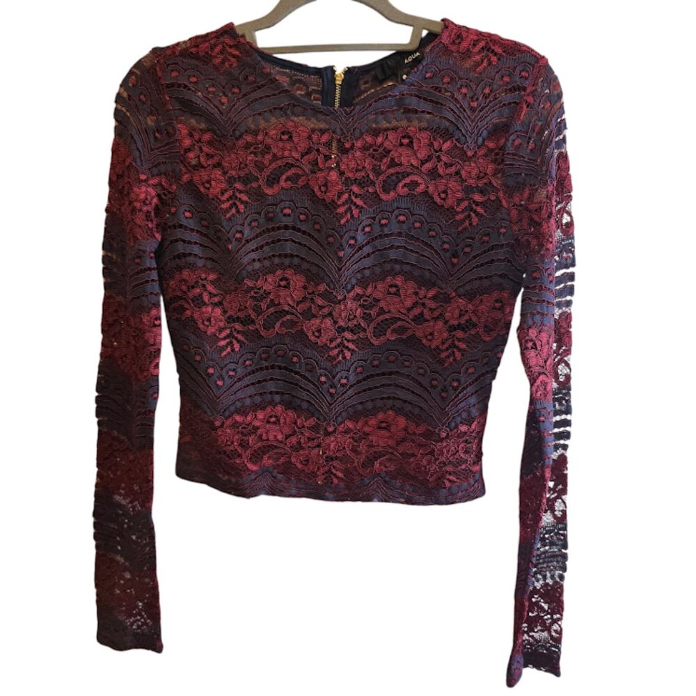 AQUA LACE CROP TOP BURGUNDY NAVY PATTERN SIZE SMALL